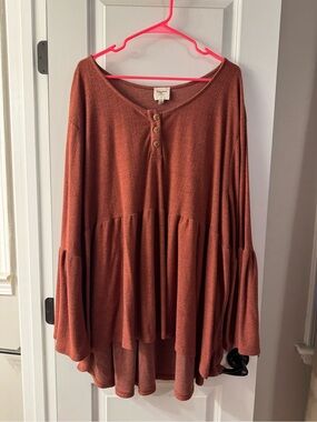 Rust Babydoll Henley Tunic with Bell Sleeves